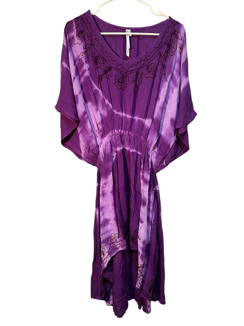 Ocean Breeze Womens Free Size Cover Up Dress Purple Tie Dye Embroidered High Low